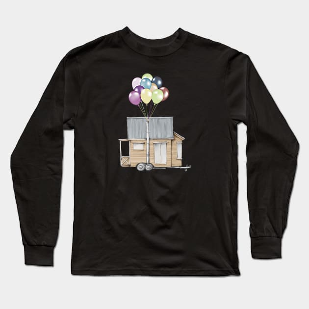 Up! Tiny House On Wheels With Balloons In Chimney, Like Up Movie Long Sleeve T-Shirt by iosta